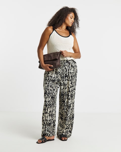 Simply Be Mono Print Crinkle Wide Leg Trousers