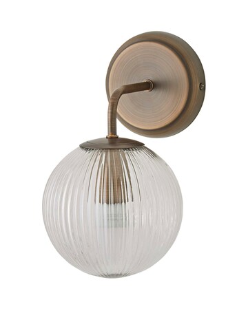 ValueLights Kempton Ribbed Glass Globe Wall Light Brushed Brass
