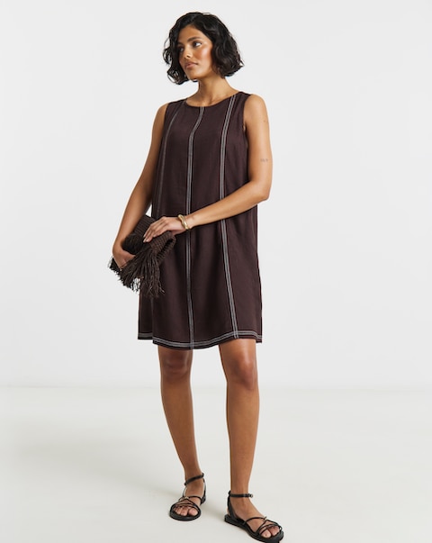 Chocolate Linen Swing Dress With Ecru Stitching