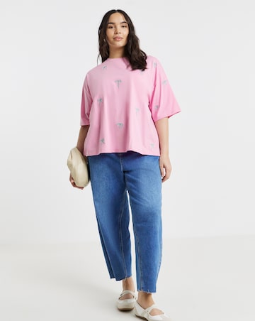 Simply Be Pink Bow All Over Embroidery T-Shirt