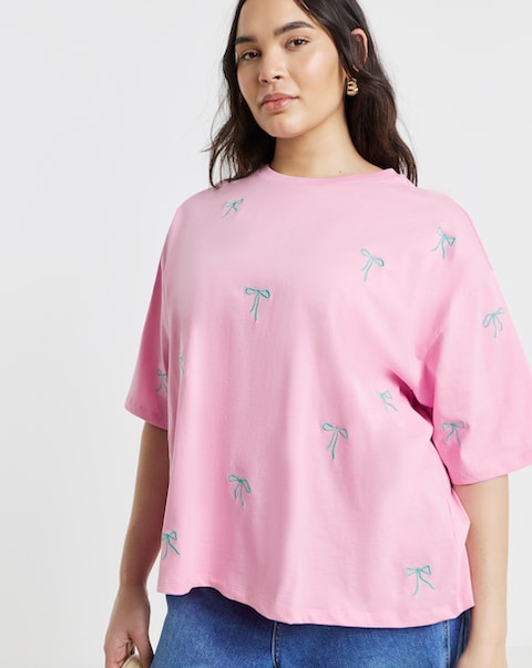 Simply Be Pink Bow All Over Embroidery T-Shirt