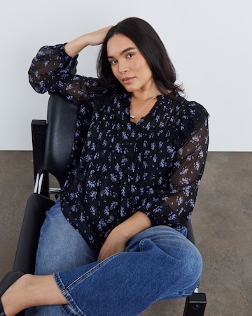 Simply Be Black Ditsy Lace Trim Chiffon Tuxedo Detail Blouse