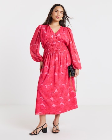 Pink Floral Printed Shirred Waist Detail Midi Dress