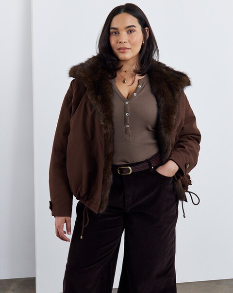 Chocolate Faux Fur Collar Parka Jacket