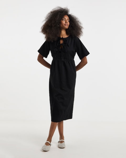 Simply Be Black Denim Tie Front Midi Dress