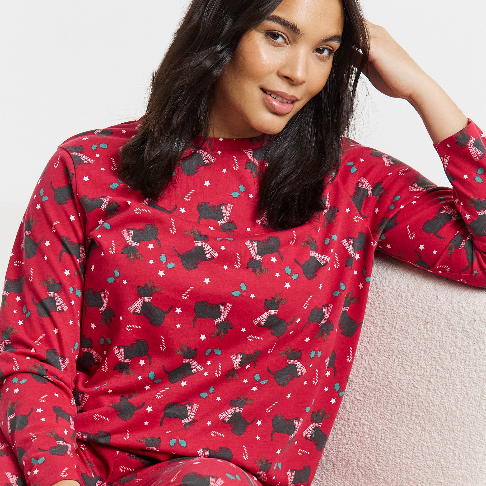 Model wears Pretty Secrets Christmas Scottie Dog Family Pyjamas - Womens