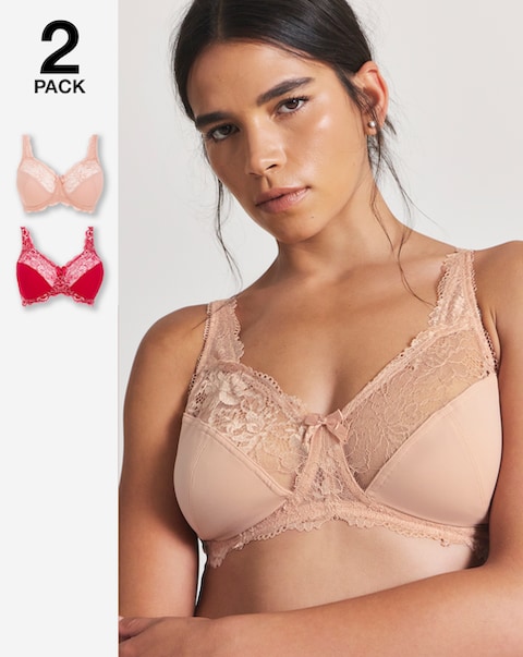 Pretty Secrets (2 Pack) Ella Lace Non Wired Full Cup Bras (C-F) Pink Multi