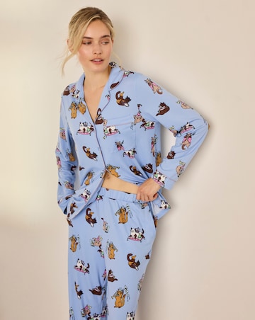 Chelsea Peers Classic Long Sleeve Button Up Cat Print Pyjama Set
