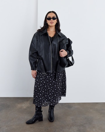 Black Relaxed Belted Faux Leather Biker Jacket