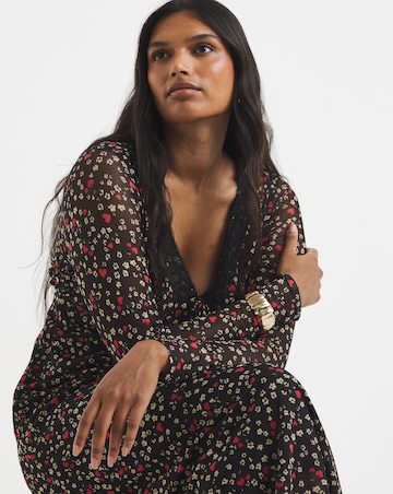 Simply Be Black Print Mesh Lace Trim Midi Dress