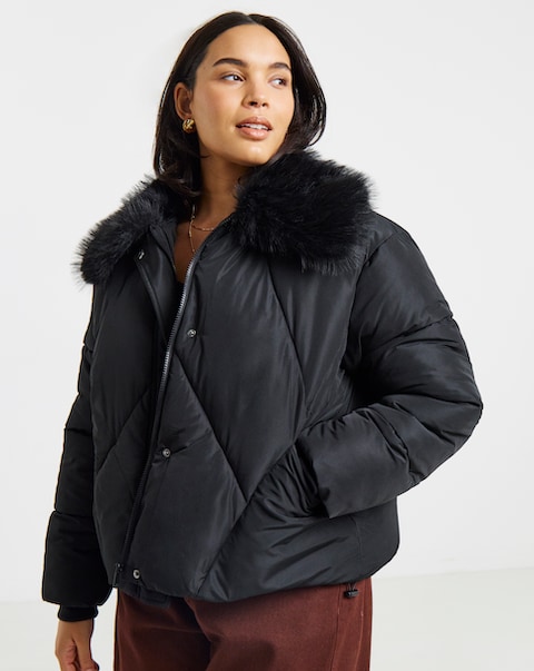 Black Faux Fur Collar Short Padded Coat