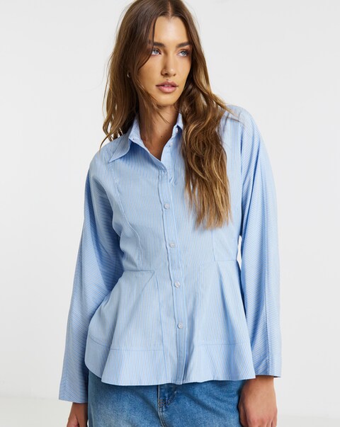 Simply Be Blue Stripe Peplum Detail Long Sleeve Shirt