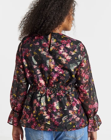 Foil Black Floral Print V Neck Blouse with Elasticated Waist