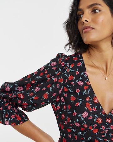 Simply Be Black Floral Shirred Sleeve Tea Dress