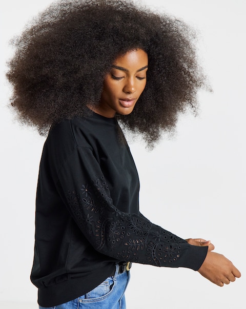 Simply Be Black Cut Work Detail Sleeve Sweatshirt