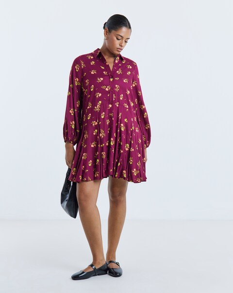 Simply Be Ditsy Print Long Sleeve Godet Shirt Dress