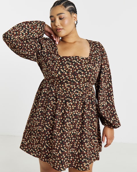 Simply Be Floral Print Long Sleeve Historic Detail Skater Dress