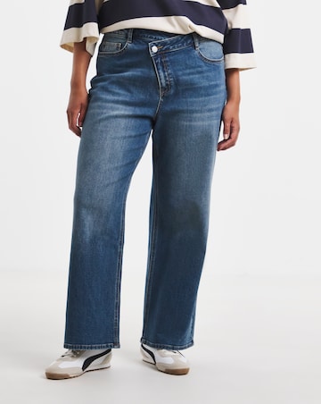 Mid Blue Crossover Straight Leg Jeans