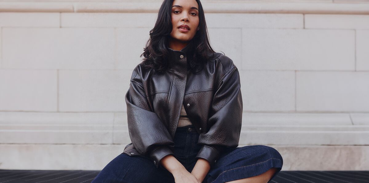 Model wears new season faux leather jacket