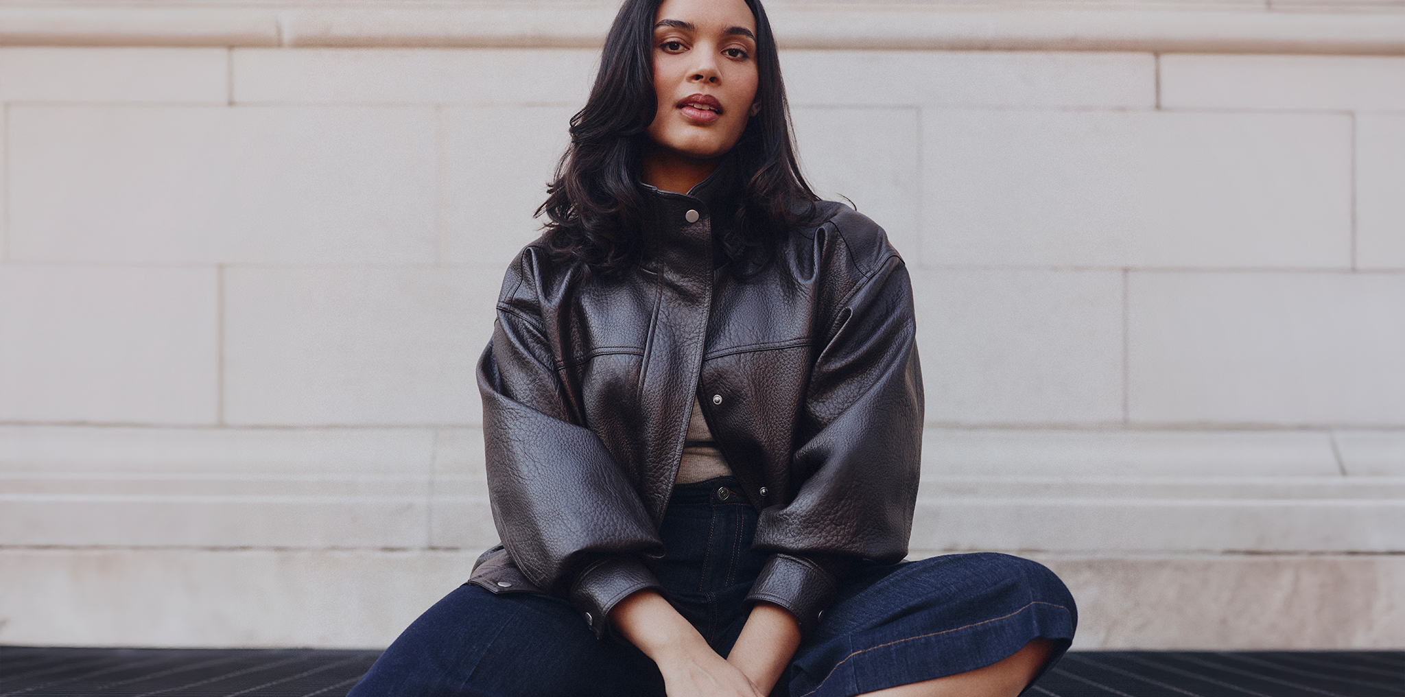 Model wears new season faux leather jacket