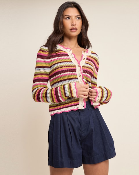 Nobody's Child Stripe Mock Crochet Cardigan