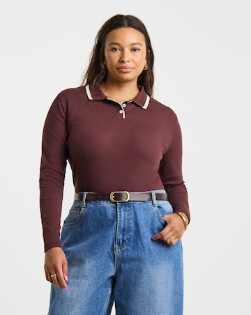 Simply Be Chocolate Long Sleeve Ribbed Polo Neck With Contrast Tipping