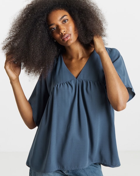 Petrol Blue V Neck Short Sleeve Smock Top