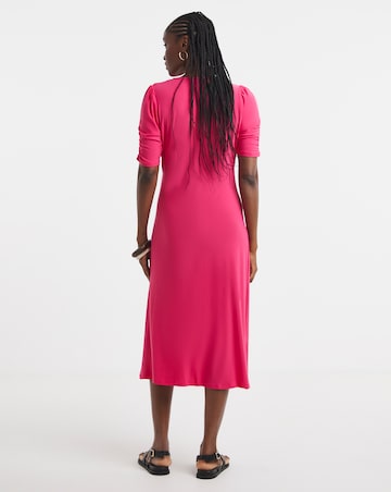 Pink Ruched Sleeve Midi Dress