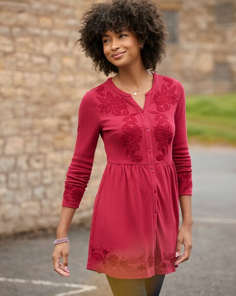 Joe Browns Ribbed Button Through Tunic Top With Embroidery Detail
