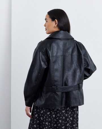 Black Relaxed Belted Faux Leather Biker Jacket