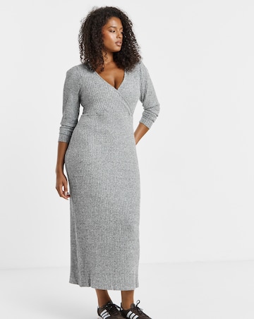 Grey Cosy Rib Wrap Front Midaxi Dress