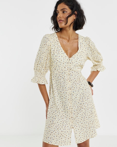 Simply Be Yellow Floral Shirred Sleeve Tea Dress