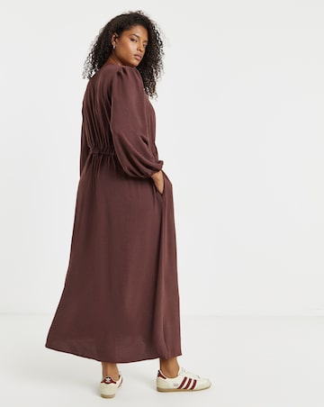 Burgundy Cinched Waist Midi Dress With Pockets