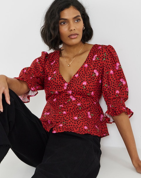 Simply Be Red Cherry Print Shirred Sleeve Tea Blouse