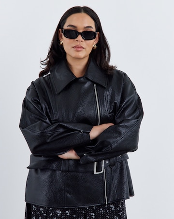Black Relaxed Belted Faux Leather Biker Jacket