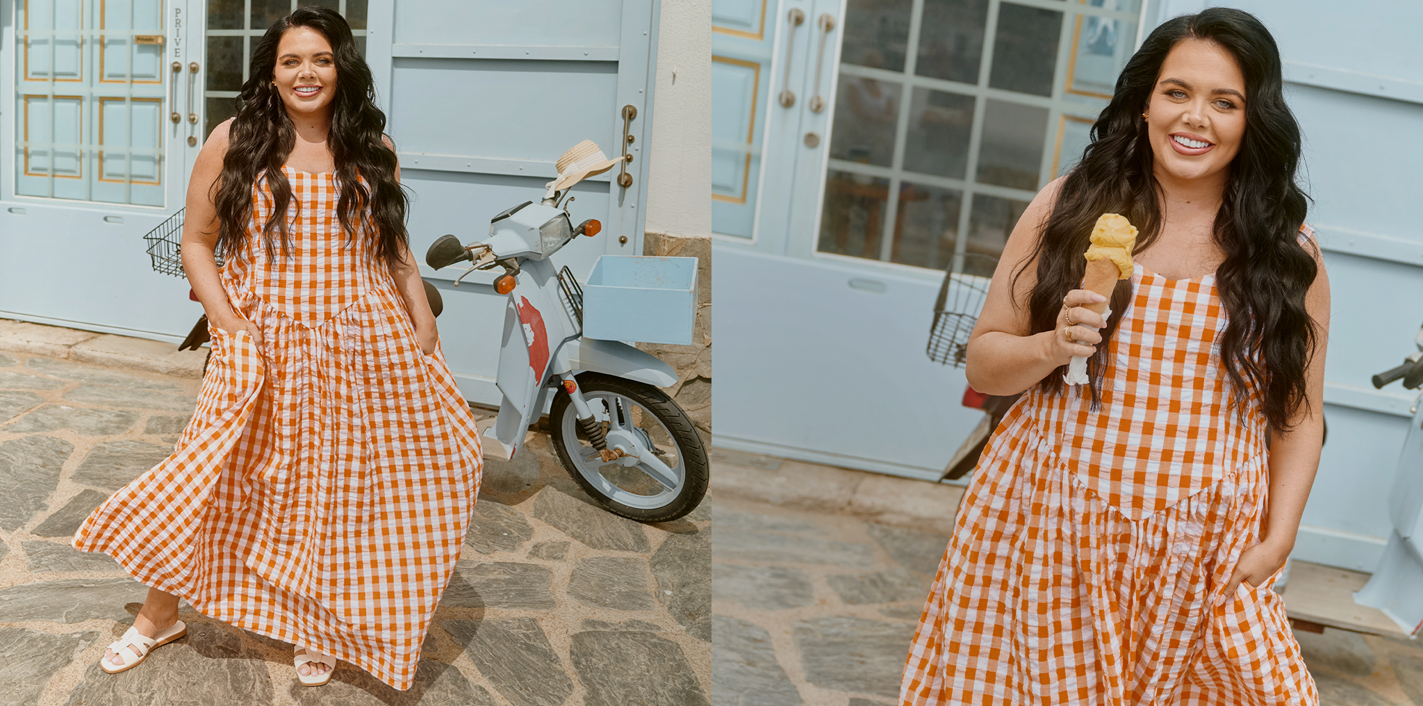 scarlett moffatt wearing an orange gingham maxi dress standing beside a scooter and holding an ice cream outside pastel blue doors.