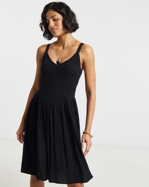 Black Crinkle Waist Detail Skater Dress