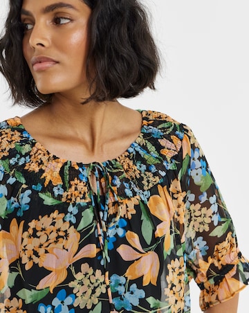 Simply Be Floral Print Shirred Neckline Short Sleeve Blouse