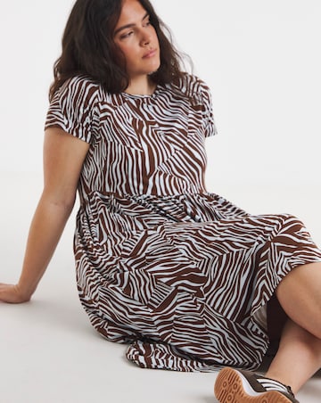 Zebra Print Jersey Midi Dress With Pockets