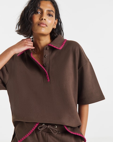 Simply Be Chocolate Whipstitch Short Sleeve Polo Sweatshirt