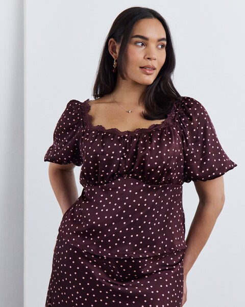 Simply Be Burgundy Spot Short Sleeve Lace Trim Top Co Ord