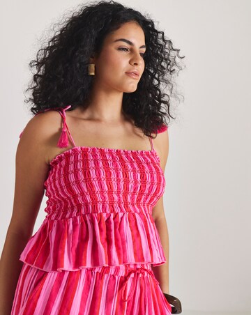 Pink Stripe Shirred Beach Top and Trouser Co-Ord Set