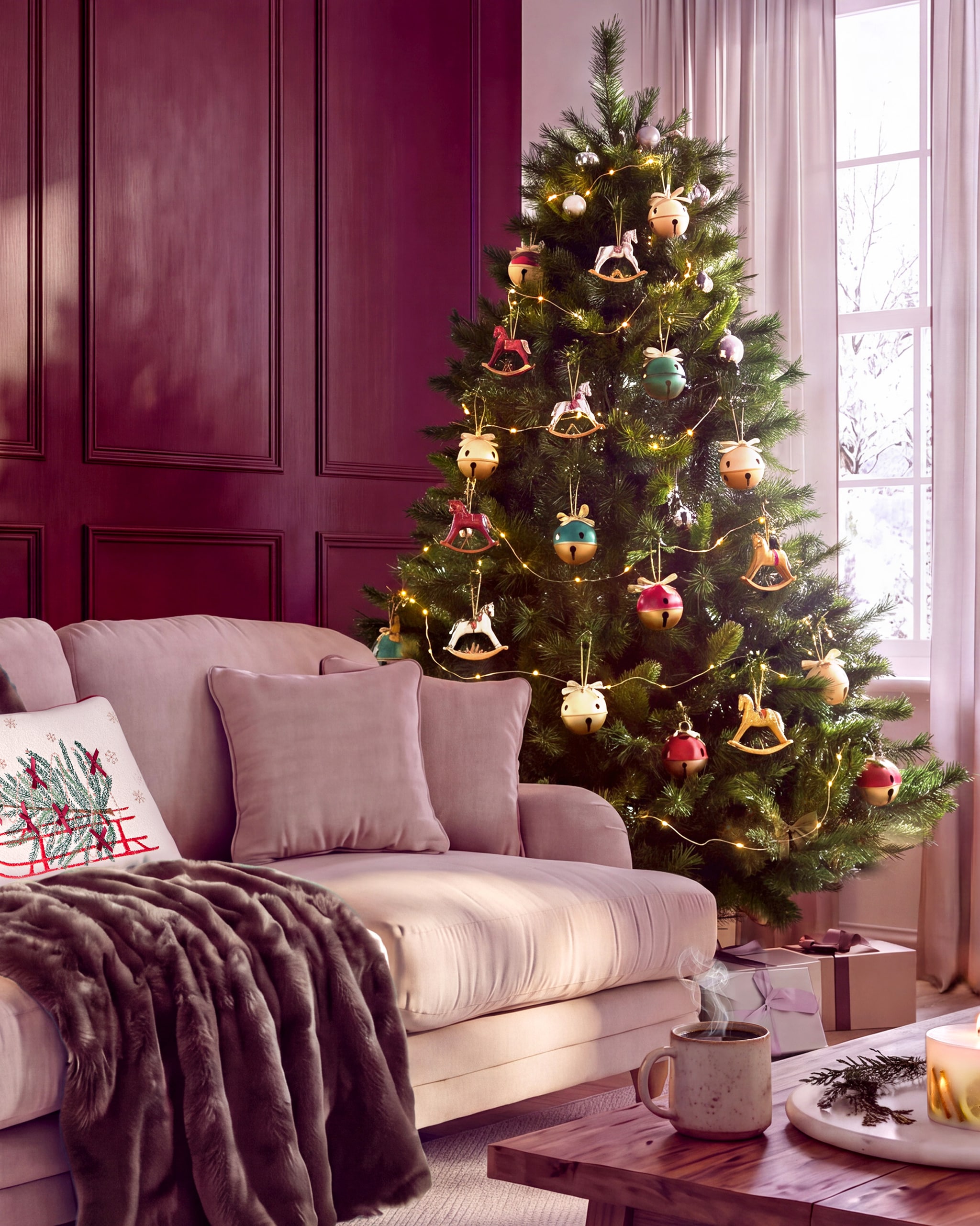 A dark pinky burgundy themed living room with a traditional Christmas tree in the corner of the room.