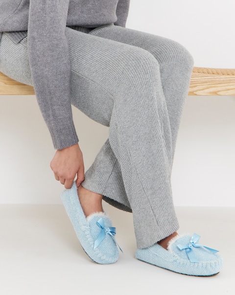 Lorna Knitted Full Slipper With Bow Detail - Wide Fit (E)