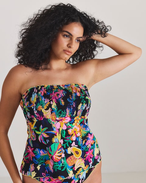 Fruit And Palm Print Shirred Bandeau Tankini Top
