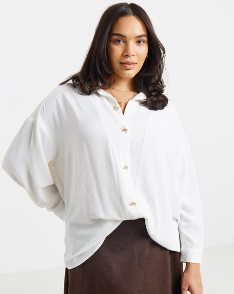 Simply Be Ivory Bow Button Shirt