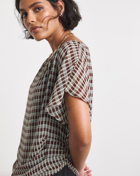 Check Chiffon Draped Top
