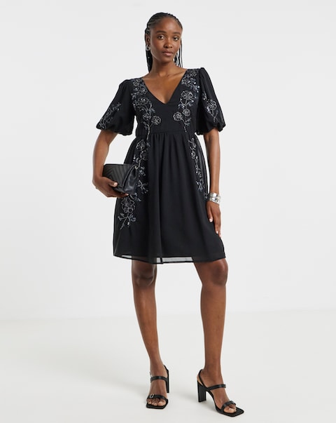 Maya Curve Blouson Embellished Mini Dress