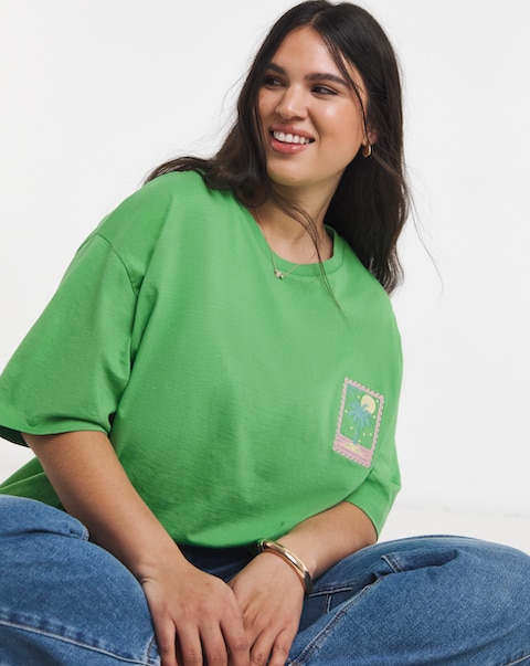 Simply Be Green Palm Detail Embroidered T-Shirt