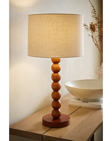 ValueLights Wyatt Wood Bobble Table Lamp with Linen Shade